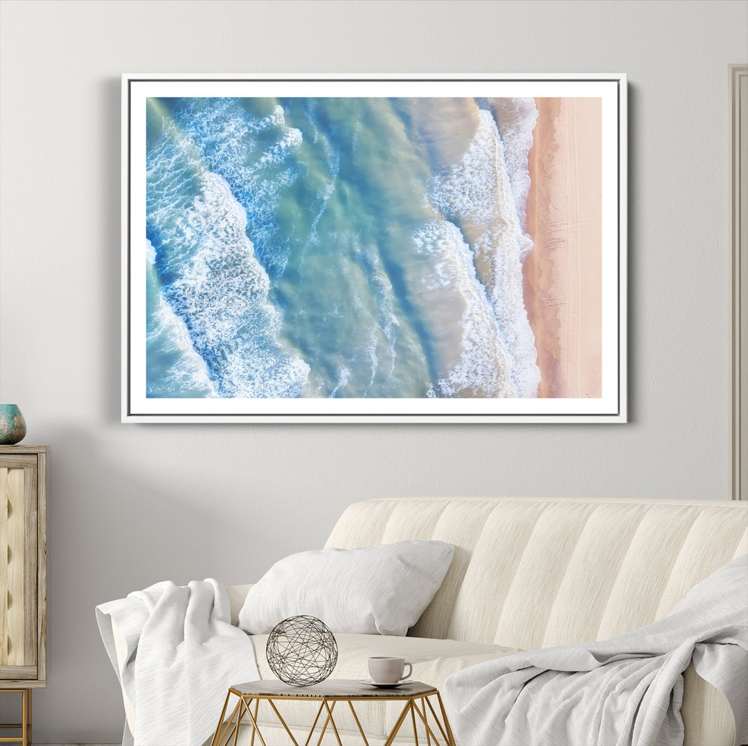 Aerial Ocean Wall Art Canvas Print, Soft Blue Waves Print, Framed Sandy Shoreline Art Print, Large Pastel Coast Printing Modern