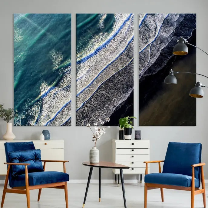 The Aerial Seashore Ocean Wall Art Canvas Print features an aerial view of ocean waves on museum-quality canvases with hand-assembled frames.