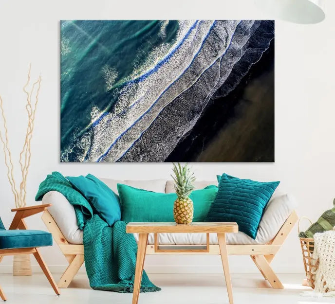 The Aerial Seashore Ocean Wall Art Canvas Print features an aerial view of ocean waves on museum-quality canvases with hand-assembled frames.