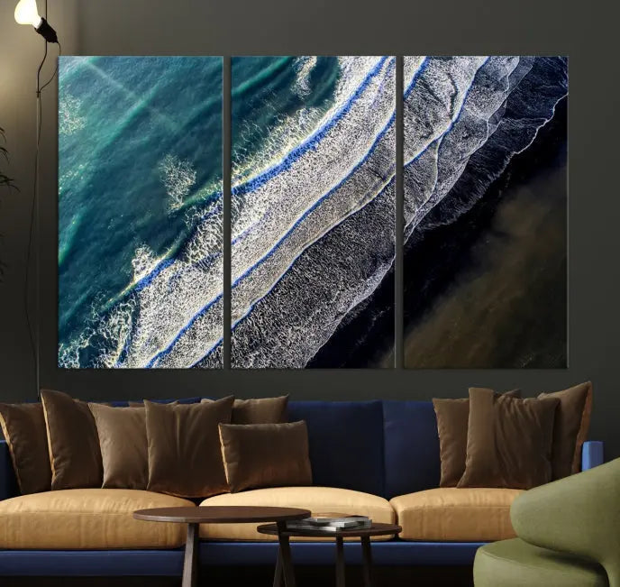 The Aerial Seashore Ocean Wall Art Canvas Print features an aerial view of ocean waves on museum-quality canvases with hand-assembled frames.