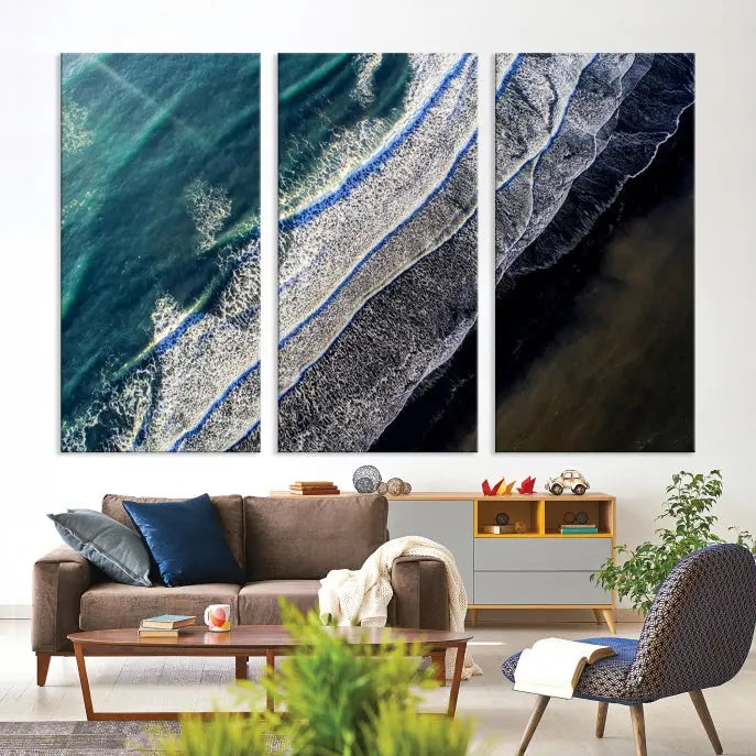 The Aerial Seashore Ocean Wall Art Canvas Print features an aerial view of ocean waves on museum-quality canvases with hand-assembled frames.