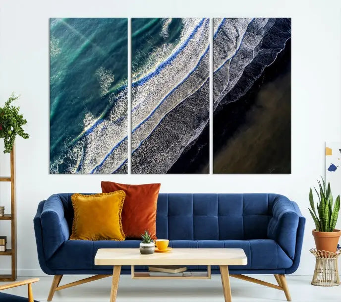 The Aerial Seashore Ocean Wall Art Canvas Print features an aerial view of ocean waves on museum-quality canvases with hand-assembled frames.