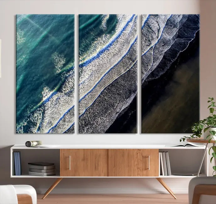 The Aerial Seashore Ocean Wall Art Canvas Print features an aerial view of ocean waves on museum-quality canvases with hand-assembled frames.