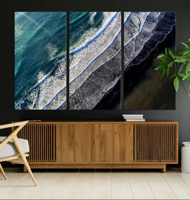 The Aerial Seashore Ocean Wall Art Canvas Print features an aerial view of ocean waves on museum-quality canvases with hand-assembled frames.