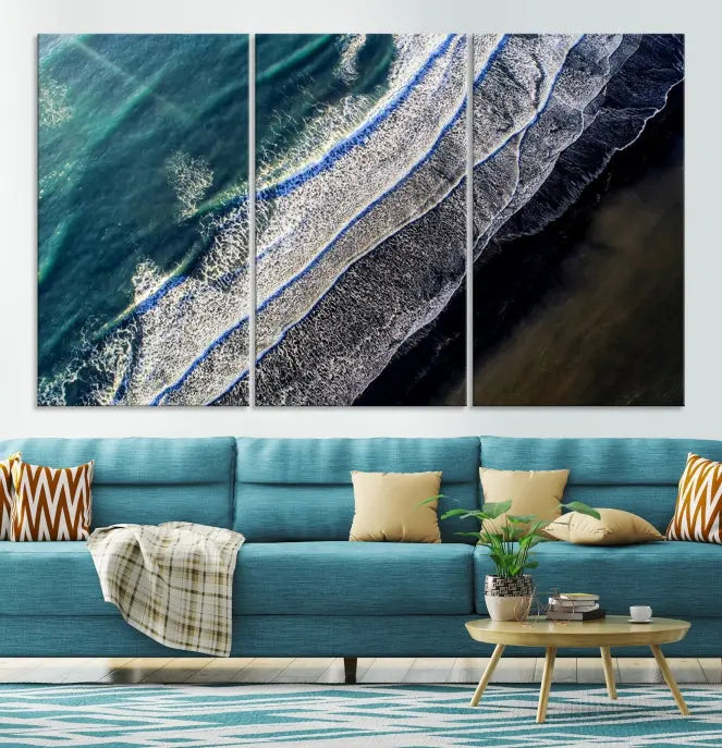 The Aerial Seashore Ocean Wall Art Canvas Print features an aerial view of ocean waves on museum-quality canvases with hand-assembled frames.