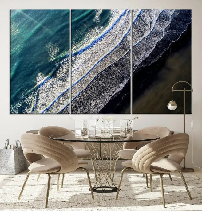 The Aerial Seashore Ocean Wall Art Canvas Print features an aerial view of ocean waves on museum-quality canvases with hand-assembled frames.