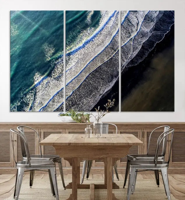 The Aerial Seashore Ocean Wall Art Canvas Print features an aerial view of ocean waves on museum-quality canvases with hand-assembled frames.