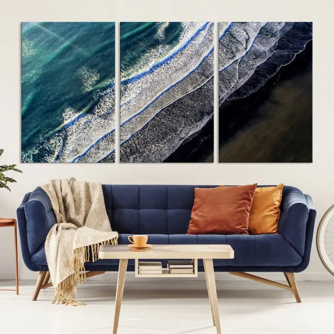 The Aerial Seashore Ocean Wall Art Canvas Print features an aerial view of ocean waves on museum-quality canvases with hand-assembled frames.