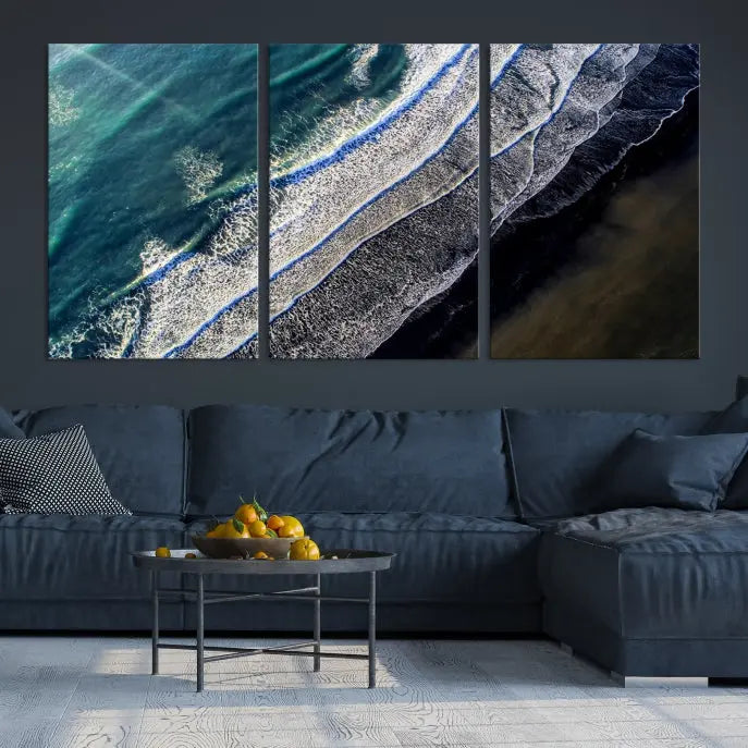 The Aerial Seashore Ocean Wall Art Canvas Print features an aerial view of ocean waves on museum-quality canvases with hand-assembled frames.