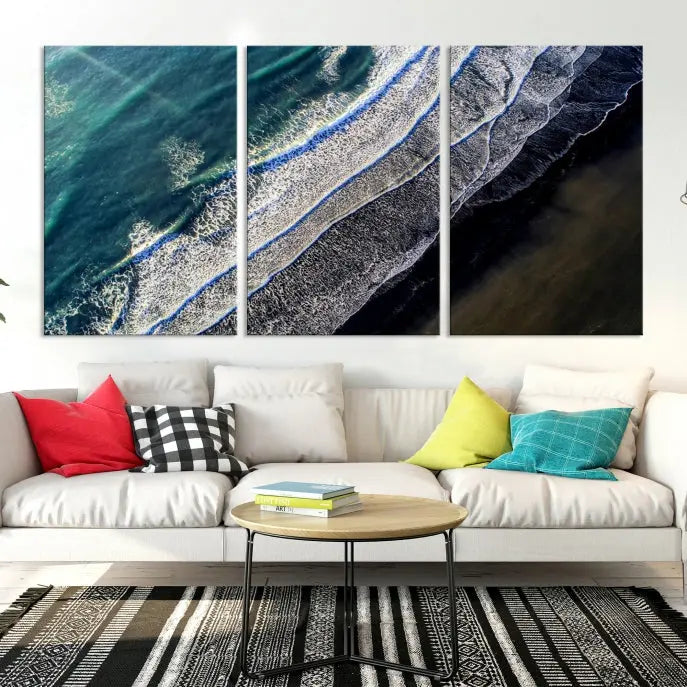 The Aerial Seashore Ocean Wall Art Canvas Print features an aerial view of ocean waves on museum-quality canvases with hand-assembled frames.