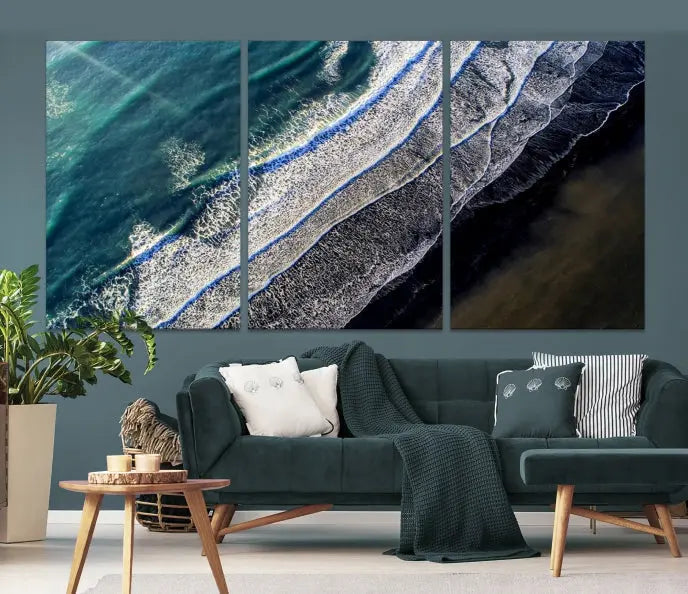 The Aerial Seashore Ocean Wall Art Canvas Print features an aerial view of ocean waves on museum-quality canvases with hand-assembled frames.