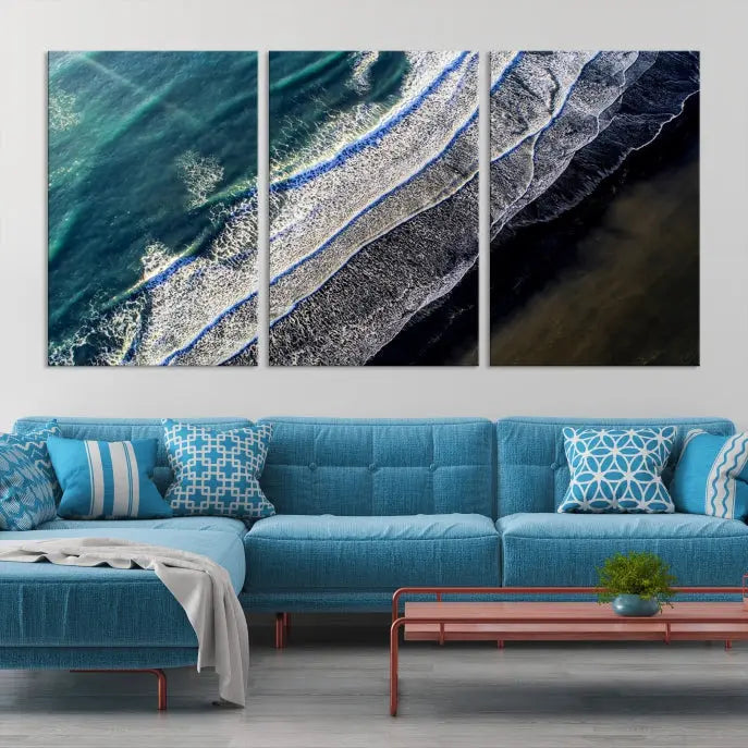 The Aerial Seashore Ocean Wall Art Canvas Print features an aerial view of ocean waves on museum-quality canvases with hand-assembled frames.