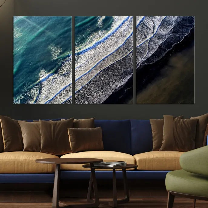 The Aerial Seashore Ocean Wall Art Canvas Print features an aerial view of ocean waves on museum-quality canvases with hand-assembled frames.