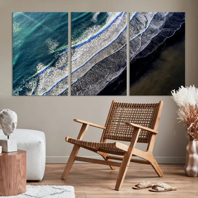 The Aerial Seashore Ocean Wall Art Canvas Print features an aerial view of ocean waves on museum-quality canvases with hand-assembled frames.