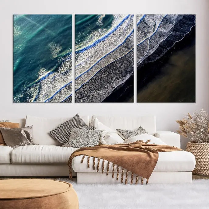 The Aerial Seashore Ocean Wall Art Canvas Print features an aerial view of ocean waves on museum-quality canvases with hand-assembled frames.