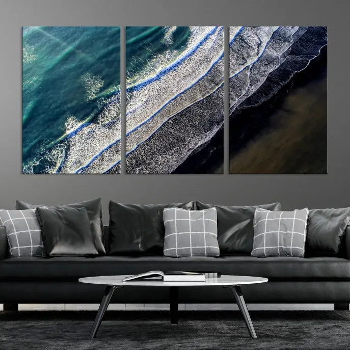 The Aerial Seashore Ocean Wall Art Canvas Print features an aerial view of ocean waves on museum-quality canvases with hand-assembled frames.