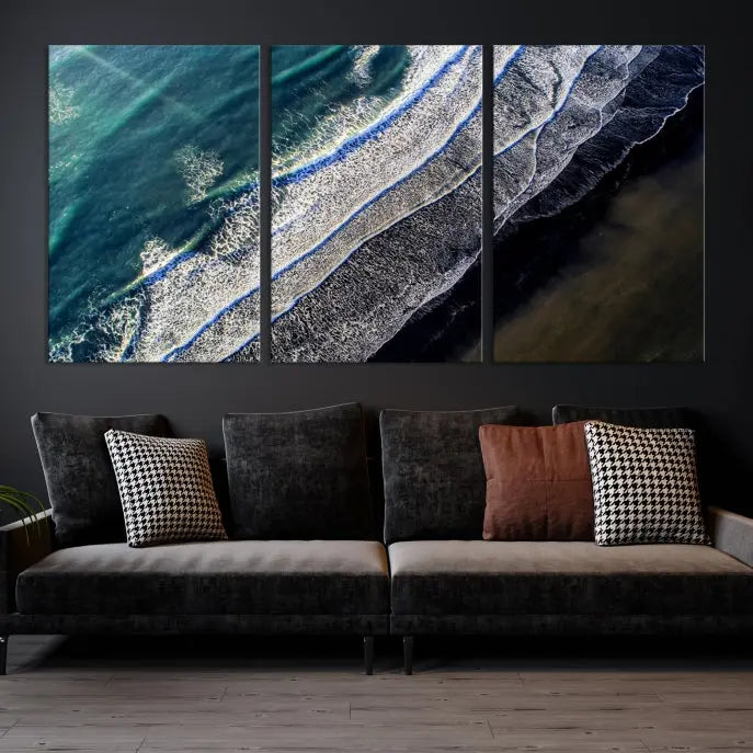 The Aerial Seashore Ocean Wall Art Canvas Print features an aerial view of ocean waves on museum-quality canvases with hand-assembled frames.