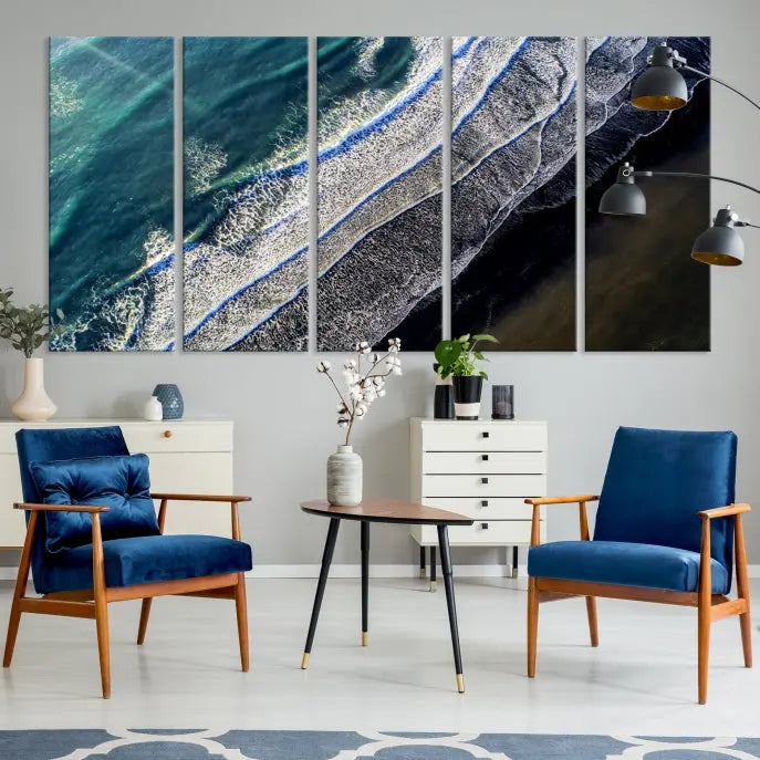 The Aerial Seashore Ocean Wall Art Canvas Print features an aerial view of ocean waves on museum-quality canvases with hand-assembled frames.