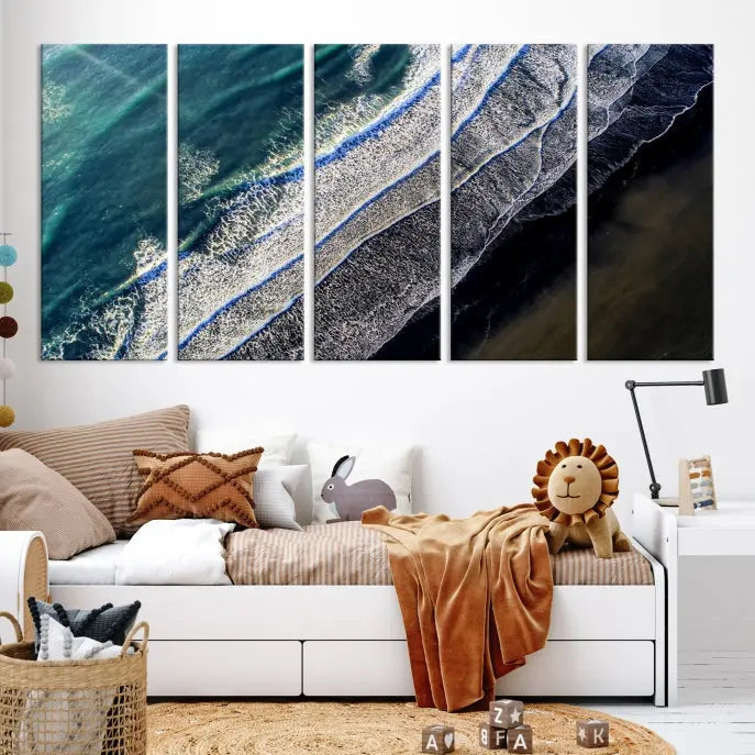 The Aerial Seashore Ocean Wall Art Canvas Print features an aerial view of ocean waves on museum-quality canvases with hand-assembled frames.