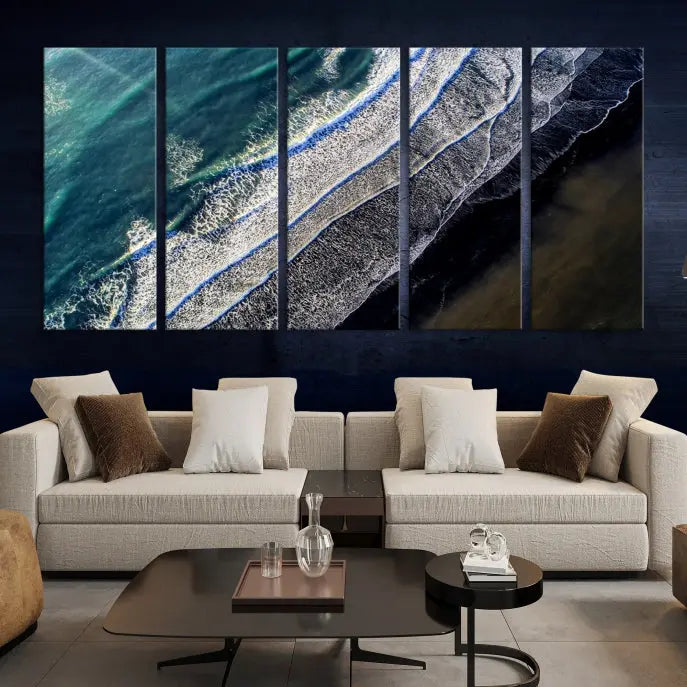 The Aerial Seashore Ocean Wall Art Canvas Print features an aerial view of ocean waves on museum-quality canvases with hand-assembled frames.