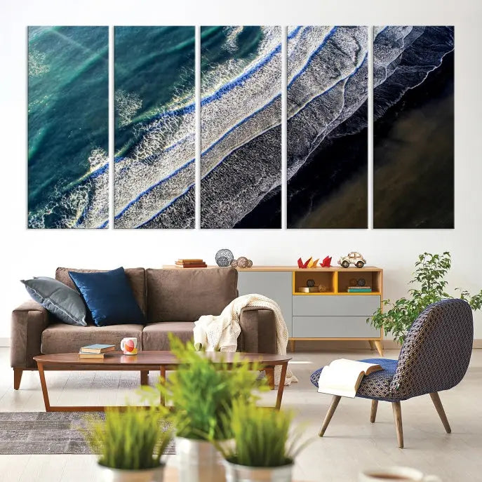 The Aerial Seashore Ocean Wall Art Canvas Print features an aerial view of ocean waves on museum-quality canvases with hand-assembled frames.