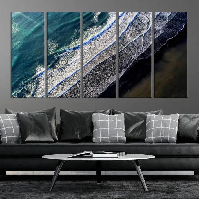 The Aerial Seashore Ocean Wall Art Canvas Print features an aerial view of ocean waves on museum-quality canvases with hand-assembled frames.