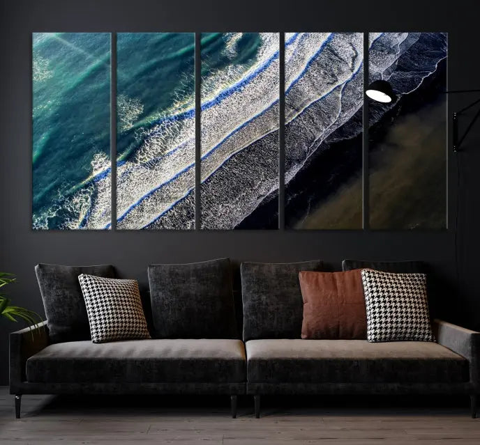 The Aerial Seashore Ocean Wall Art Canvas Print features an aerial view of ocean waves on museum-quality canvases with hand-assembled frames.