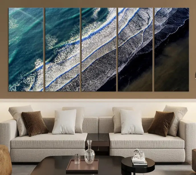 The Aerial Seashore Ocean Wall Art Canvas Print features an aerial view of ocean waves on museum-quality canvases with hand-assembled frames.