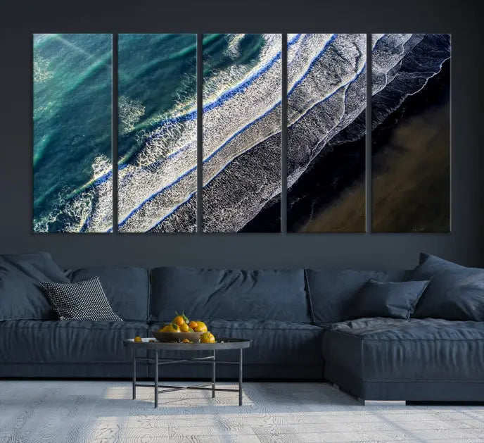 The Aerial Seashore Ocean Wall Art Canvas Print features an aerial view of ocean waves on museum-quality canvases with hand-assembled frames.