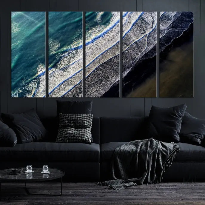 The Aerial Seashore Ocean Wall Art Canvas Print features an aerial view of ocean waves on museum-quality canvases with hand-assembled frames.