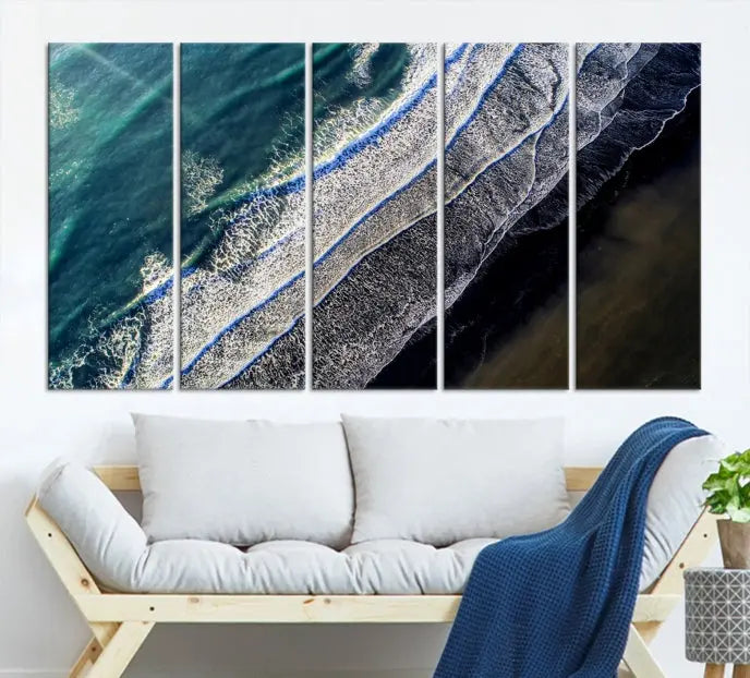 The Aerial Seashore Ocean Wall Art Canvas Print features an aerial view of ocean waves on museum-quality canvases with hand-assembled frames.