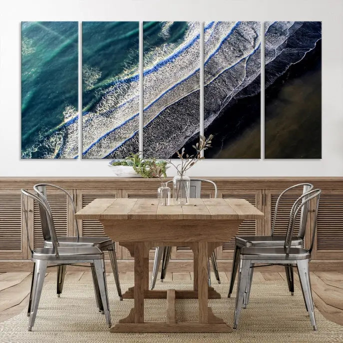 The Aerial Seashore Ocean Wall Art Canvas Print features an aerial view of ocean waves on museum-quality canvases with hand-assembled frames.