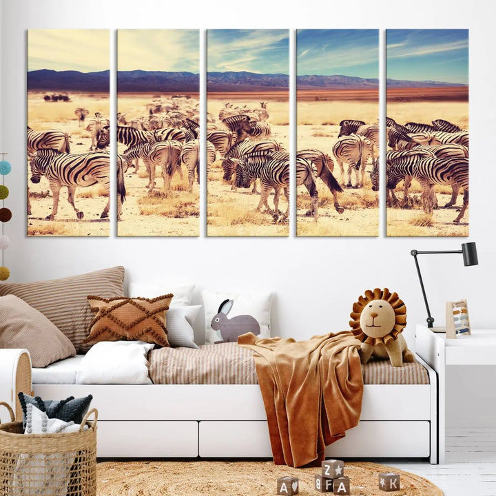 The Africa Zebras in the Savannah Canvas Wall Art Print features a zebra triptych on museum-quality canvas. This gallery-wrapped artwork is finished with a UV-protective coating, ensuring lasting vibrancy and elegance.