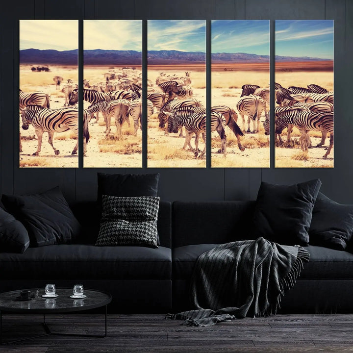 The Africa Zebras in the Savannah Canvas Wall Art Print features a zebra triptych on museum-quality canvas. This gallery-wrapped artwork is finished with a UV-protective coating, ensuring lasting vibrancy and elegance.