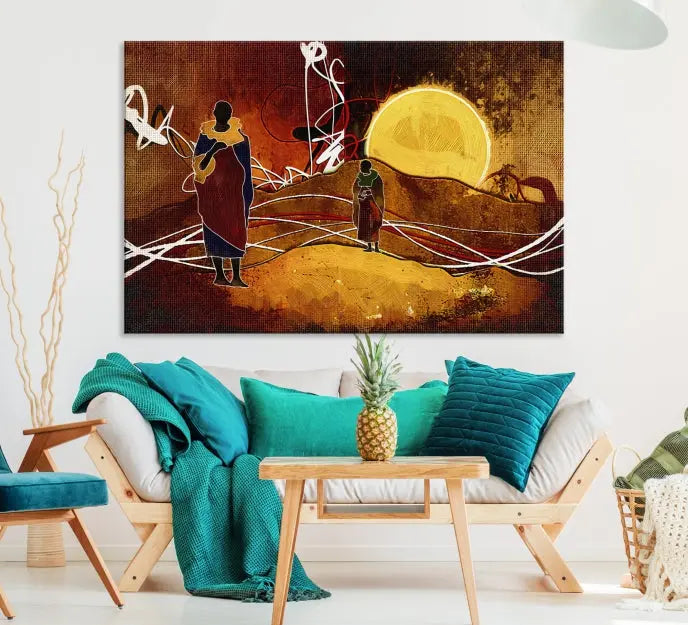 African Abstract Canvas Wall Art Print features a triptych painting of silhouettes on a warm landscape with abstract lines and a large sun. It is mounted on museum-quality canvas with a UV-protective coating.