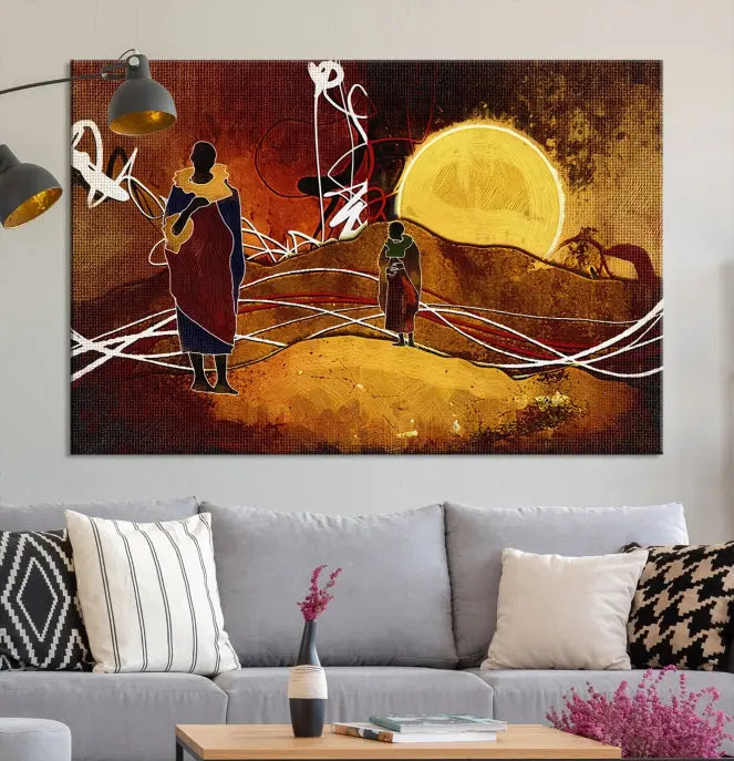 African Abstract Canvas Wall Art Print features a triptych painting of silhouettes on a warm landscape with abstract lines and a large sun. It is mounted on museum-quality canvas with a UV-protective coating.