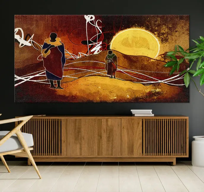 African Abstract Canvas Wall Art Print features a triptych painting of silhouettes on a warm landscape with abstract lines and a large sun. It is mounted on museum-quality canvas with a UV-protective coating.