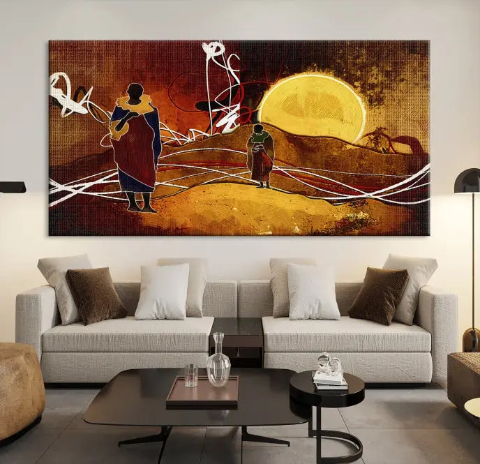 African Abstract Canvas Wall Art Print features a triptych painting of silhouettes on a warm landscape with abstract lines and a large sun. It is mounted on museum-quality canvas with a UV-protective coating.