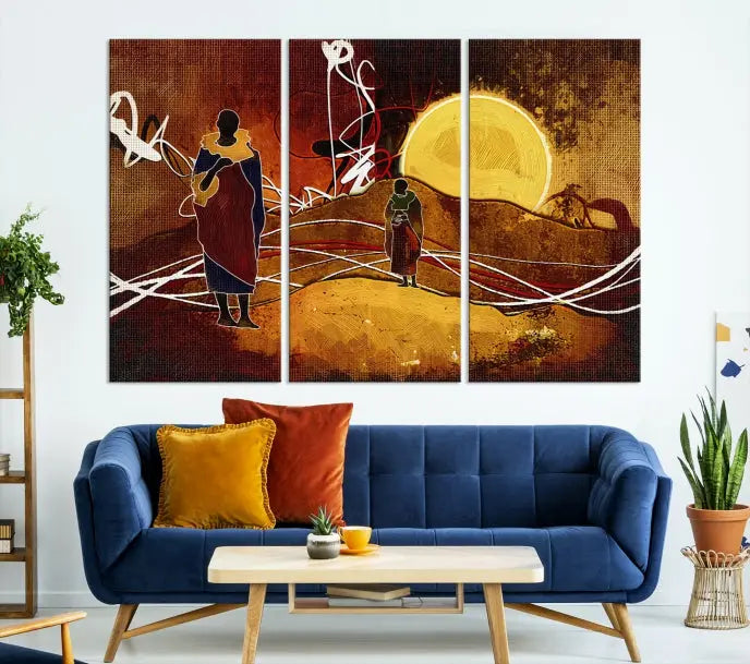 African Abstract Canvas Wall Art Print features a triptych painting of silhouettes on a warm landscape with abstract lines and a large sun. It is mounted on museum-quality canvas with a UV-protective coating.