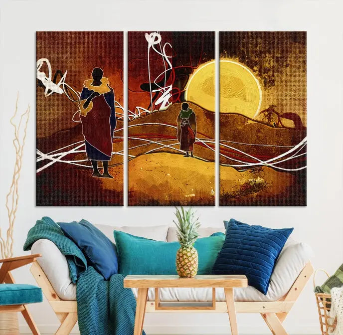 African Abstract Canvas Wall Art Print features a triptych painting of silhouettes on a warm landscape with abstract lines and a large sun. It is mounted on museum-quality canvas with a UV-protective coating.