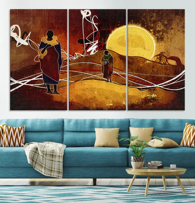 African Abstract Canvas Wall Art Print features a triptych painting of silhouettes on a warm landscape with abstract lines and a large sun. It is mounted on museum-quality canvas with a UV-protective coating.