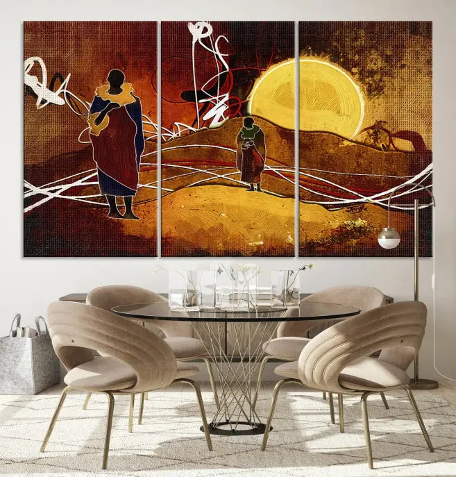 African Abstract Canvas Wall Art Print features a triptych painting of silhouettes on a warm landscape with abstract lines and a large sun. It is mounted on museum-quality canvas with a UV-protective coating.