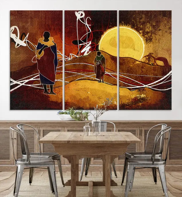 African Abstract Canvas Wall Art Print features a triptych painting of silhouettes on a warm landscape with abstract lines and a large sun. It is mounted on museum-quality canvas with a UV-protective coating.