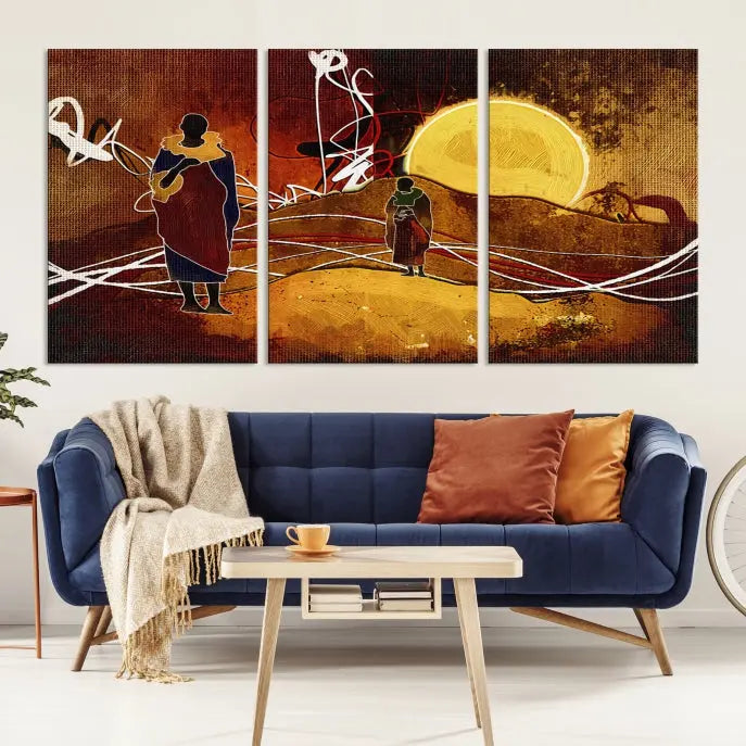 African Abstract Canvas Wall Art Print features a triptych painting of silhouettes on a warm landscape with abstract lines and a large sun. It is mounted on museum-quality canvas with a UV-protective coating.