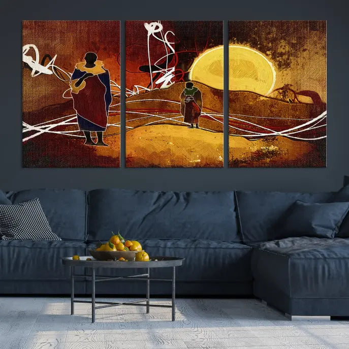 African Abstract Canvas Wall Art Print features a triptych painting of silhouettes on a warm landscape with abstract lines and a large sun. It is mounted on museum-quality canvas with a UV-protective coating.