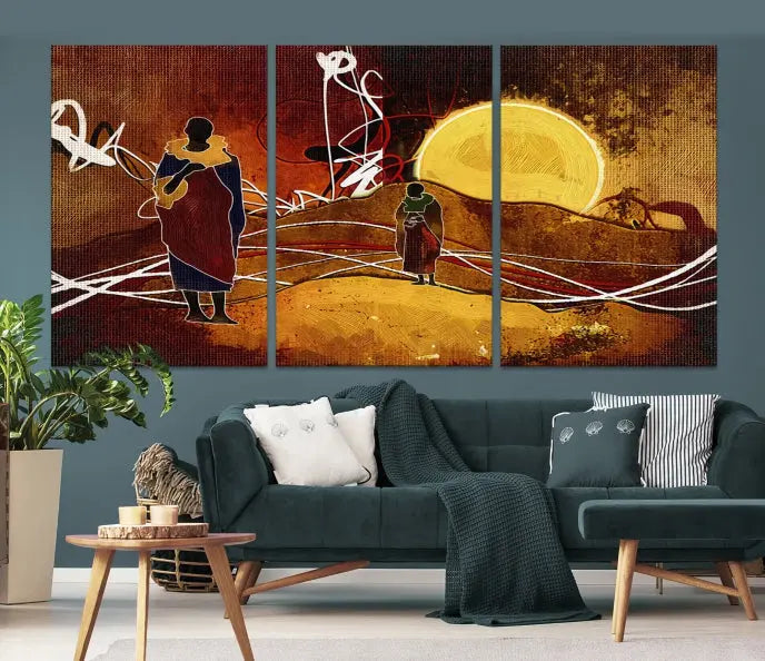 African Abstract Canvas Wall Art Print features a triptych painting of silhouettes on a warm landscape with abstract lines and a large sun. It is mounted on museum-quality canvas with a UV-protective coating.