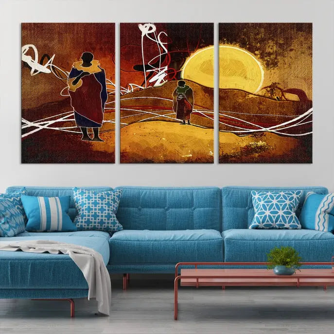 African Abstract Canvas Wall Art Print features a triptych painting of silhouettes on a warm landscape with abstract lines and a large sun. It is mounted on museum-quality canvas with a UV-protective coating.