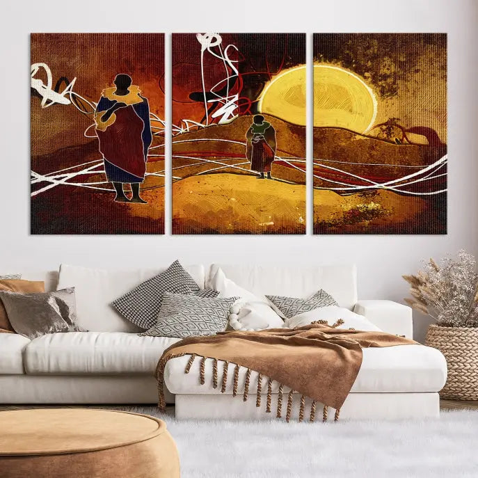 African Abstract Canvas Wall Art Print features a triptych painting of silhouettes on a warm landscape with abstract lines and a large sun. It is mounted on museum-quality canvas with a UV-protective coating.