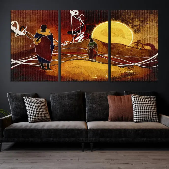 African Abstract Canvas Wall Art Print features a triptych painting of silhouettes on a warm landscape with abstract lines and a large sun. It is mounted on museum-quality canvas with a UV-protective coating.