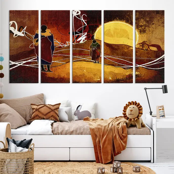 African Abstract Canvas Wall Art Print features a triptych painting of silhouettes on a warm landscape with abstract lines and a large sun. It is mounted on museum-quality canvas with a UV-protective coating.